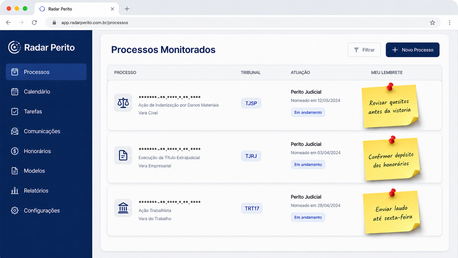Tela demonstrativa do Radar Perito com post-its de lembretes em processos judiciais fictícios